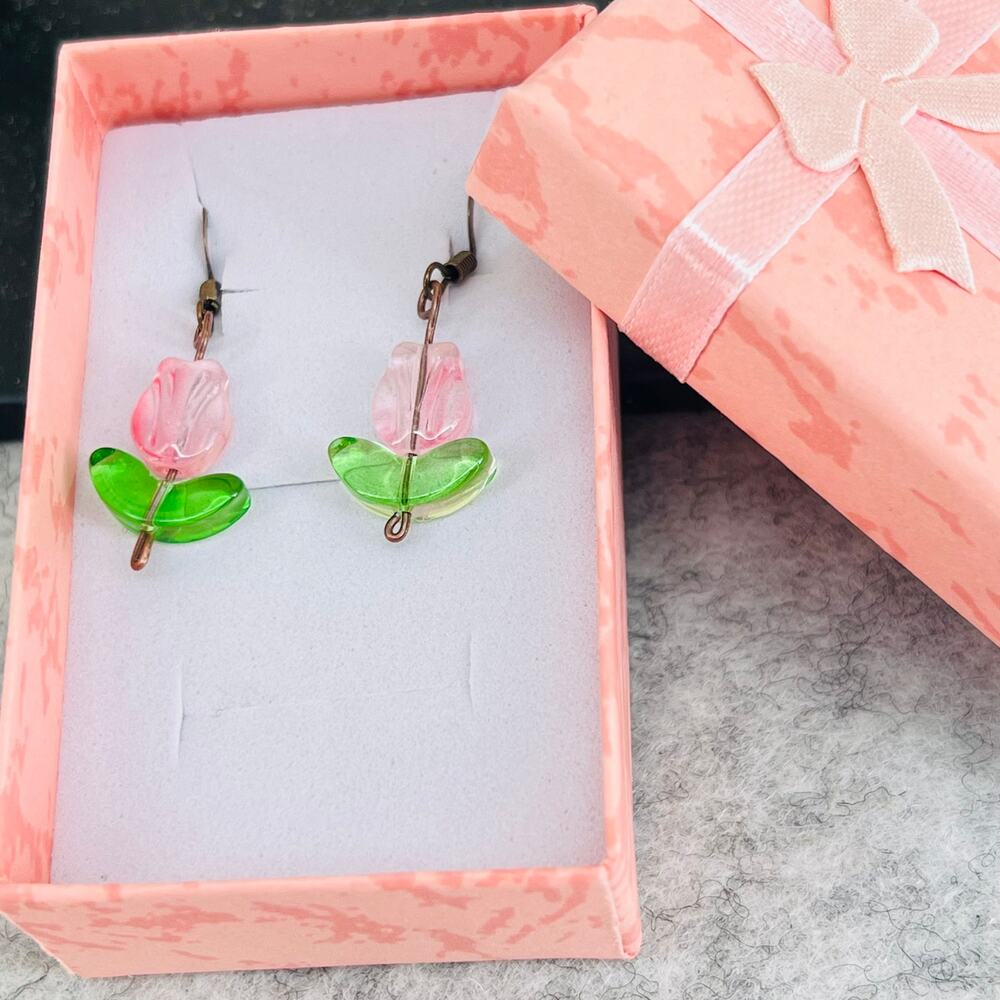 HANDMADE Glass Pink Tulip Earrings Antique Copper Hooks 1'' Drop Cottage Core